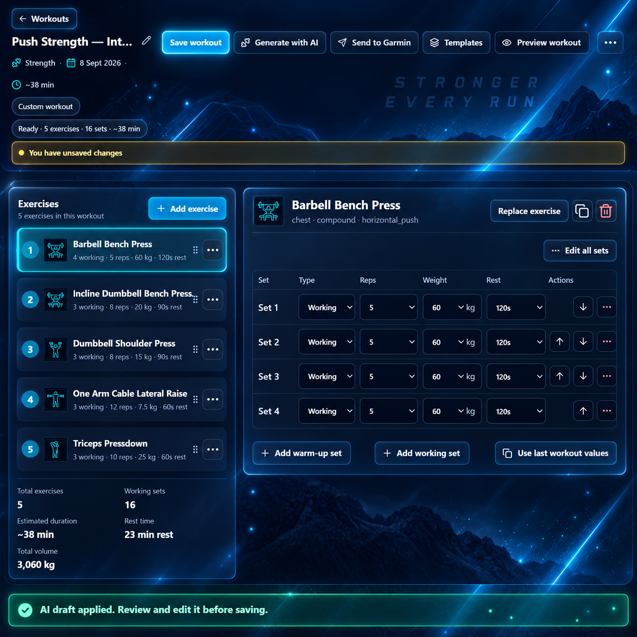 An AI-generated push workout in RunSync Strength Builder, showing editable exercises, sets, reps, rest periods and weights