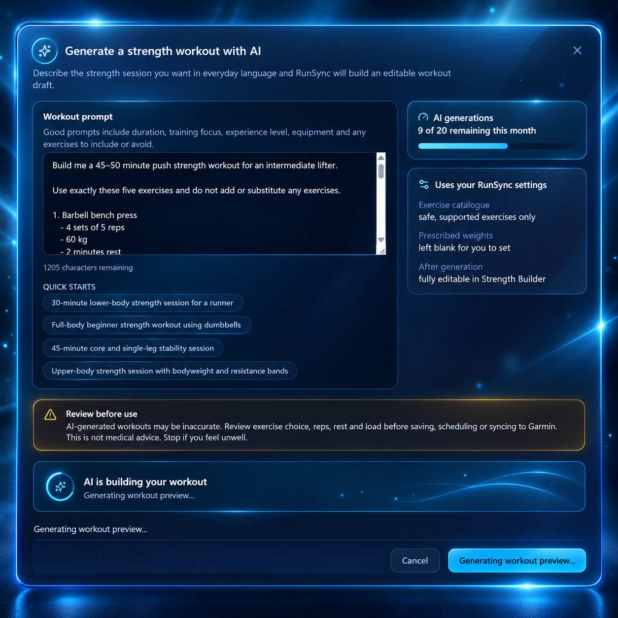 RunSync AI strength workout prompt screen with a natural-language request for a push workout