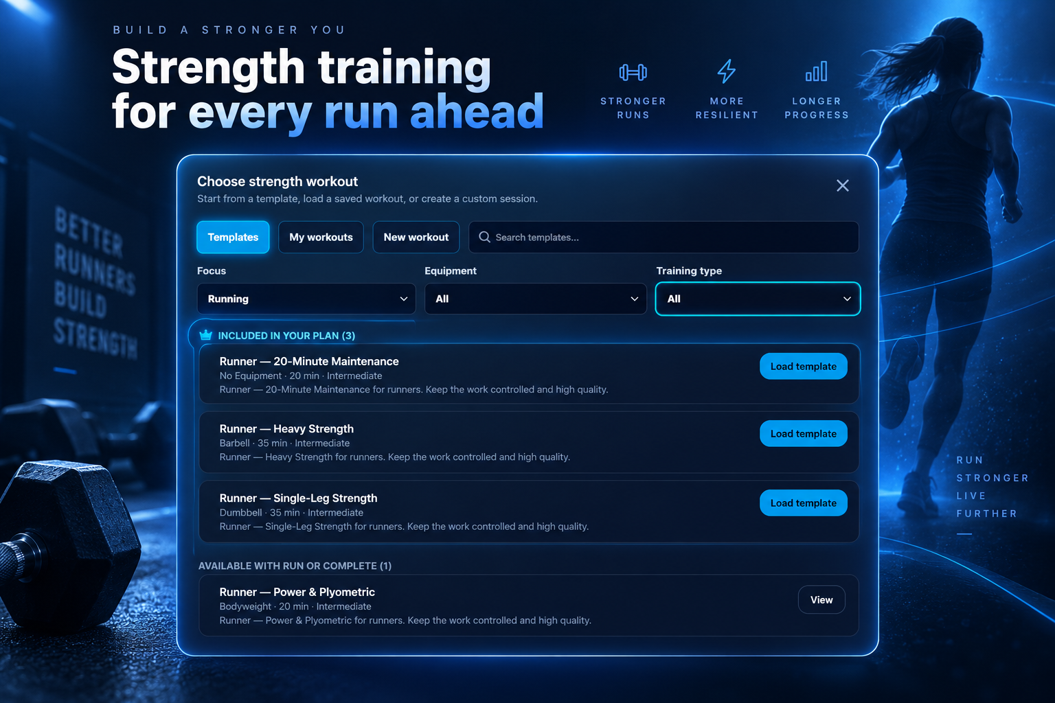 RunSync Strength Builder template library showing runner-focused strength workouts available on the Free tier