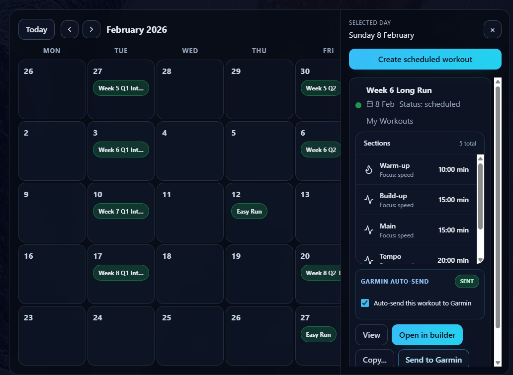 RunSync calendar page with a workout scheduled and send to Garmin enabled