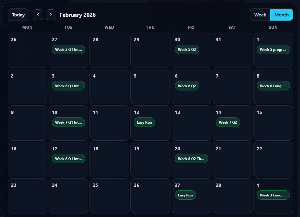 RunSync calendar showing a planned training block with workouts scheduled across the week
