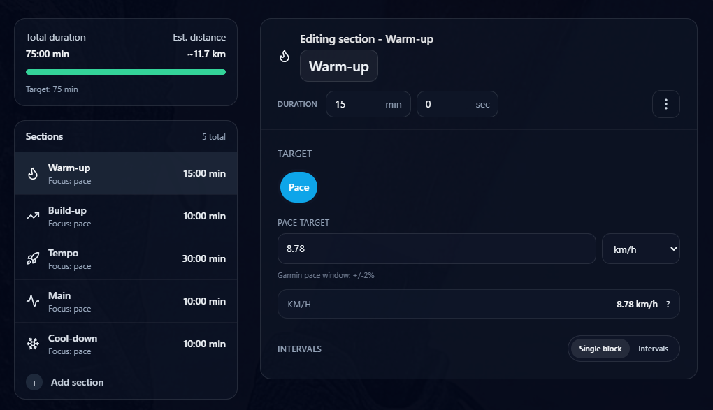 RunSync Run Builder showing a structured running workout with warm-up, build-up, tempo, main, and cool-down sections.