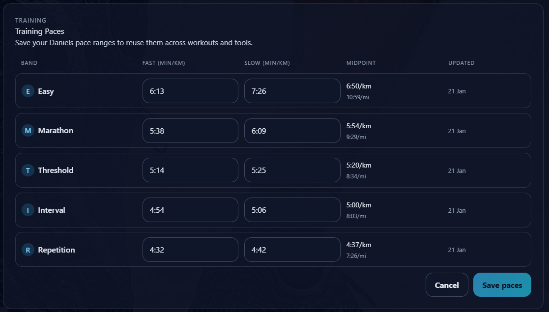 RunSync account page showing saved training paces for running workout targets.