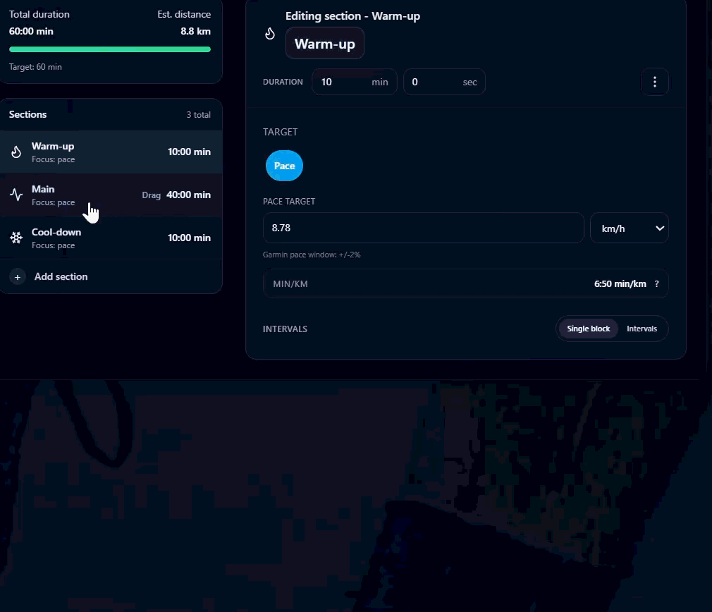RunSync Run Builder animation showing interval controls for a structured running workout.