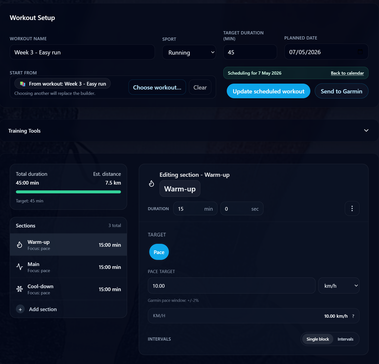 RunSync Run Builder showing an easy structured running workout with planned date and workout actions.