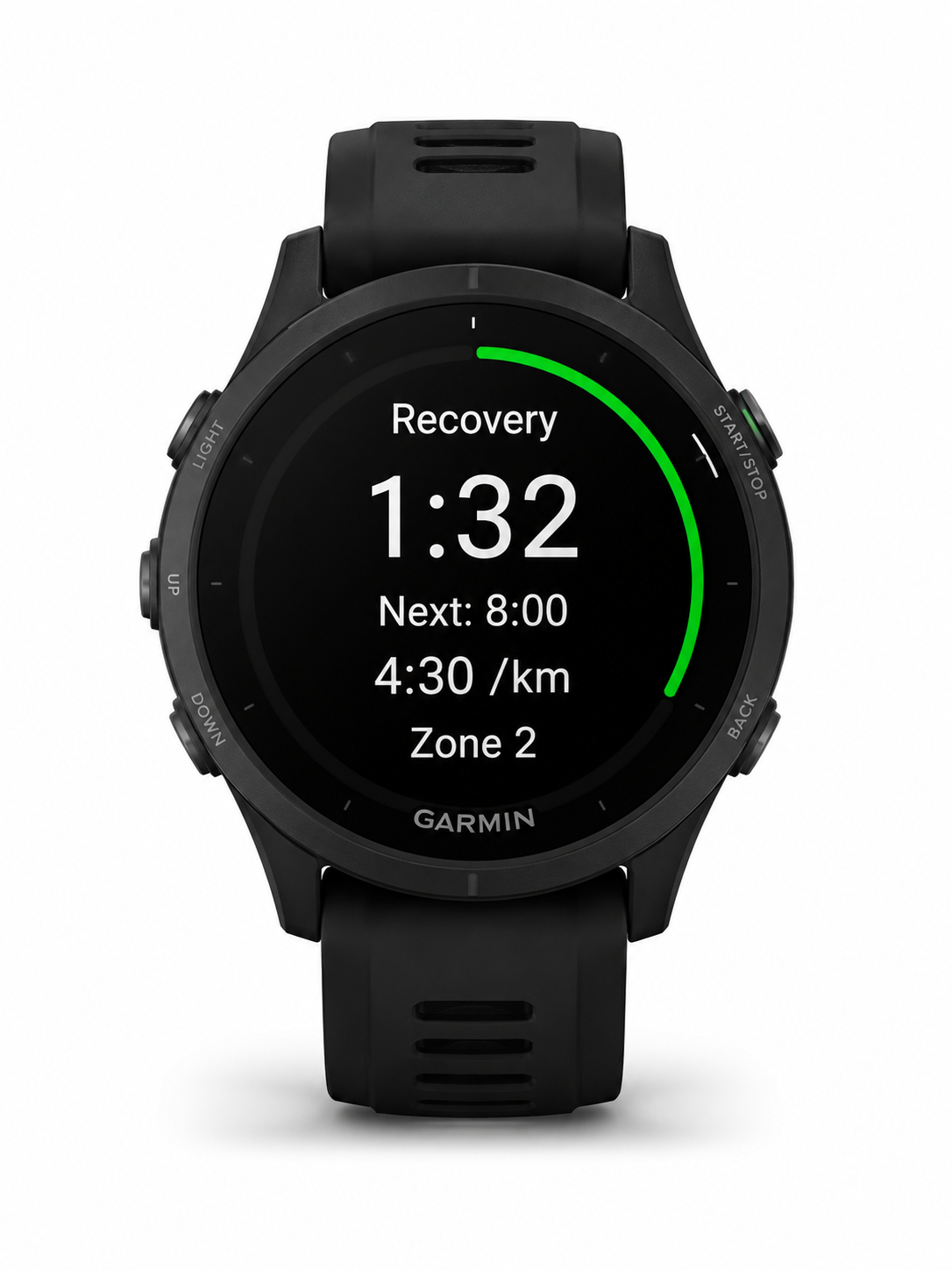Garmin watch displaying a recovery countdown and the next interval