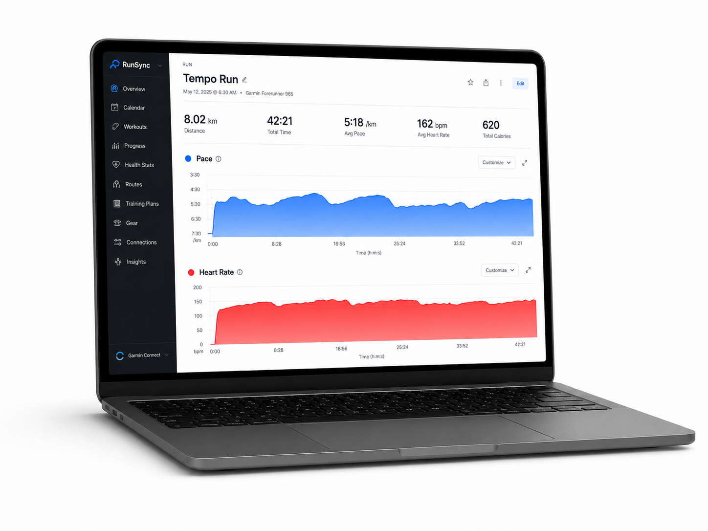 Completed running activity with pace and heart-rate charts displayed on a laptop
